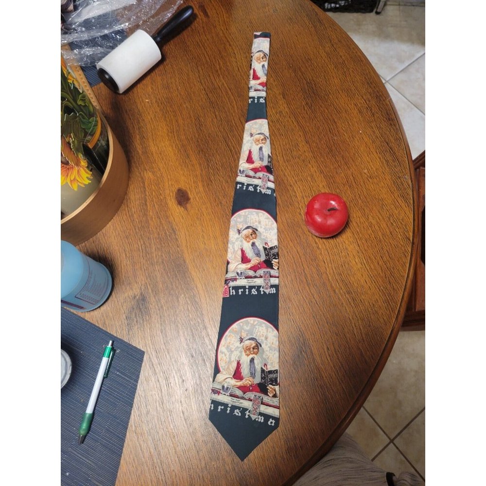 Norman Rockwell 1993 Silk Green Blue Santa Christmas Holiday Men's Tie